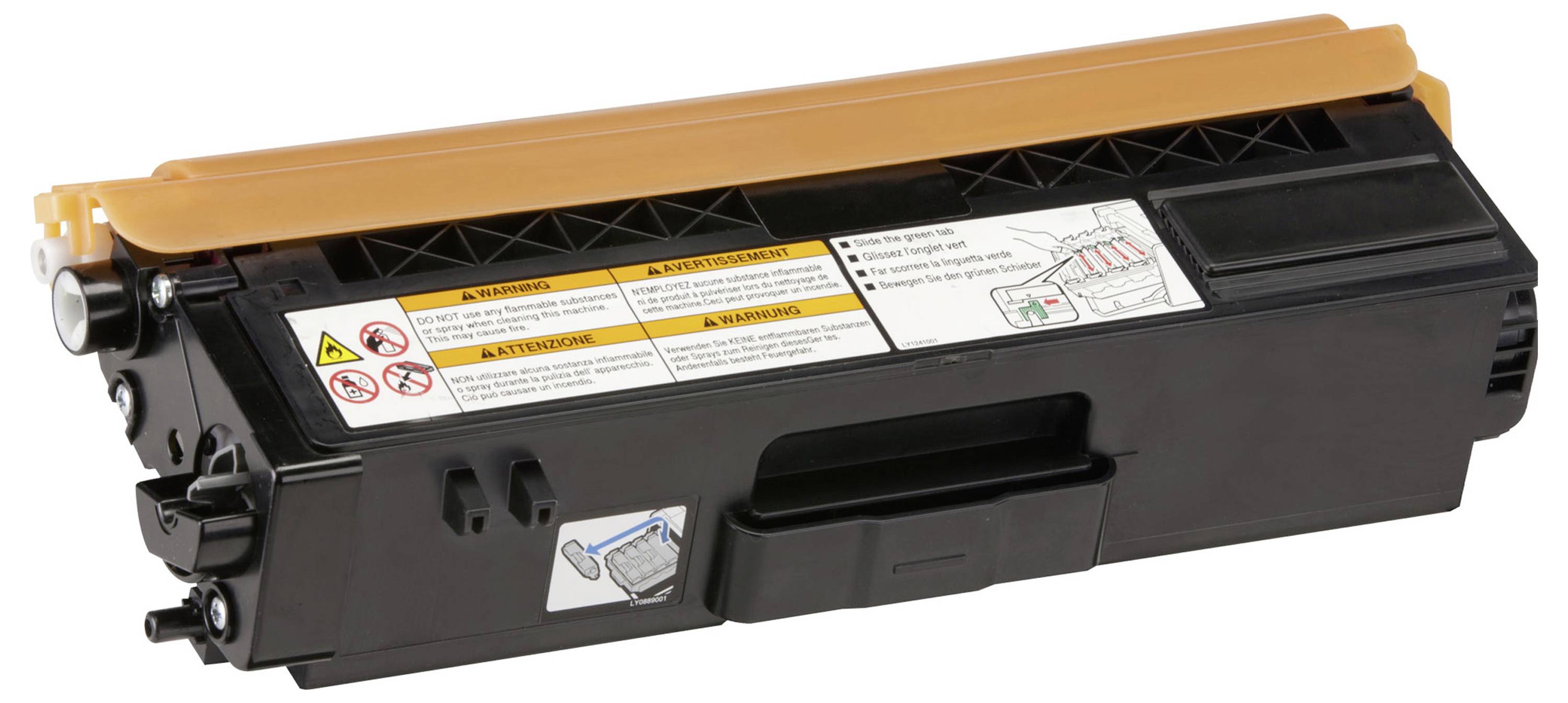 Schwarze Laserdruckertoner-Patrone mit orangefarbener Schutzabdeckung und Anleitung-Etiketten auf weißem Hintergrund.