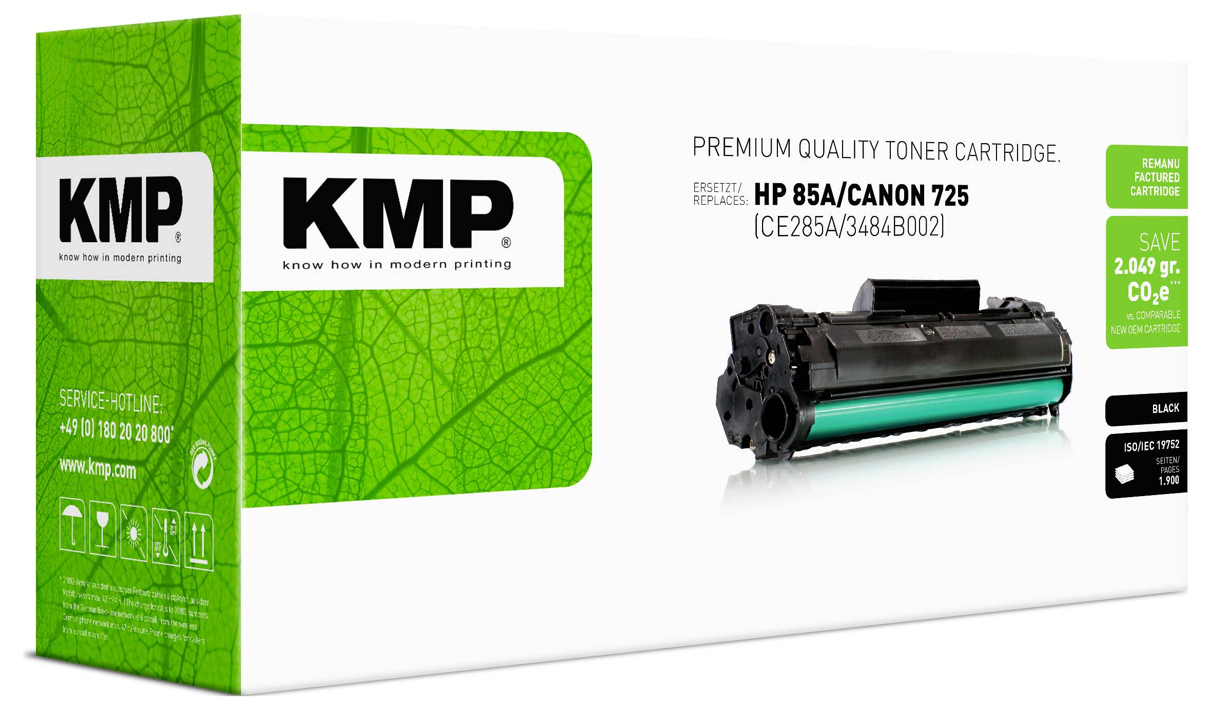 KMP Premium-Qualität Tonerpatrone Verpackung für HP 85A/Canon 725, gezeigt in einer grün-weißen Box mit der Patrone auf der Vorderseite abgebildet.