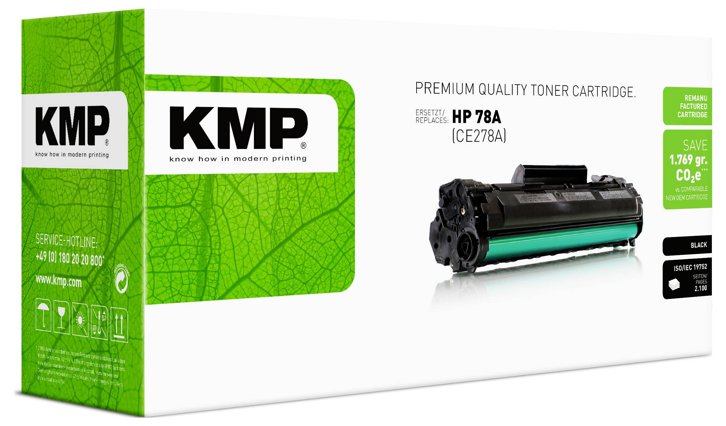 KMP Premium-Tonerkartusche für HP 78A (CE278A), dargestellt als grün-weißer Karton mit Kartuschenabbildung und Recycling-Etiketten.
