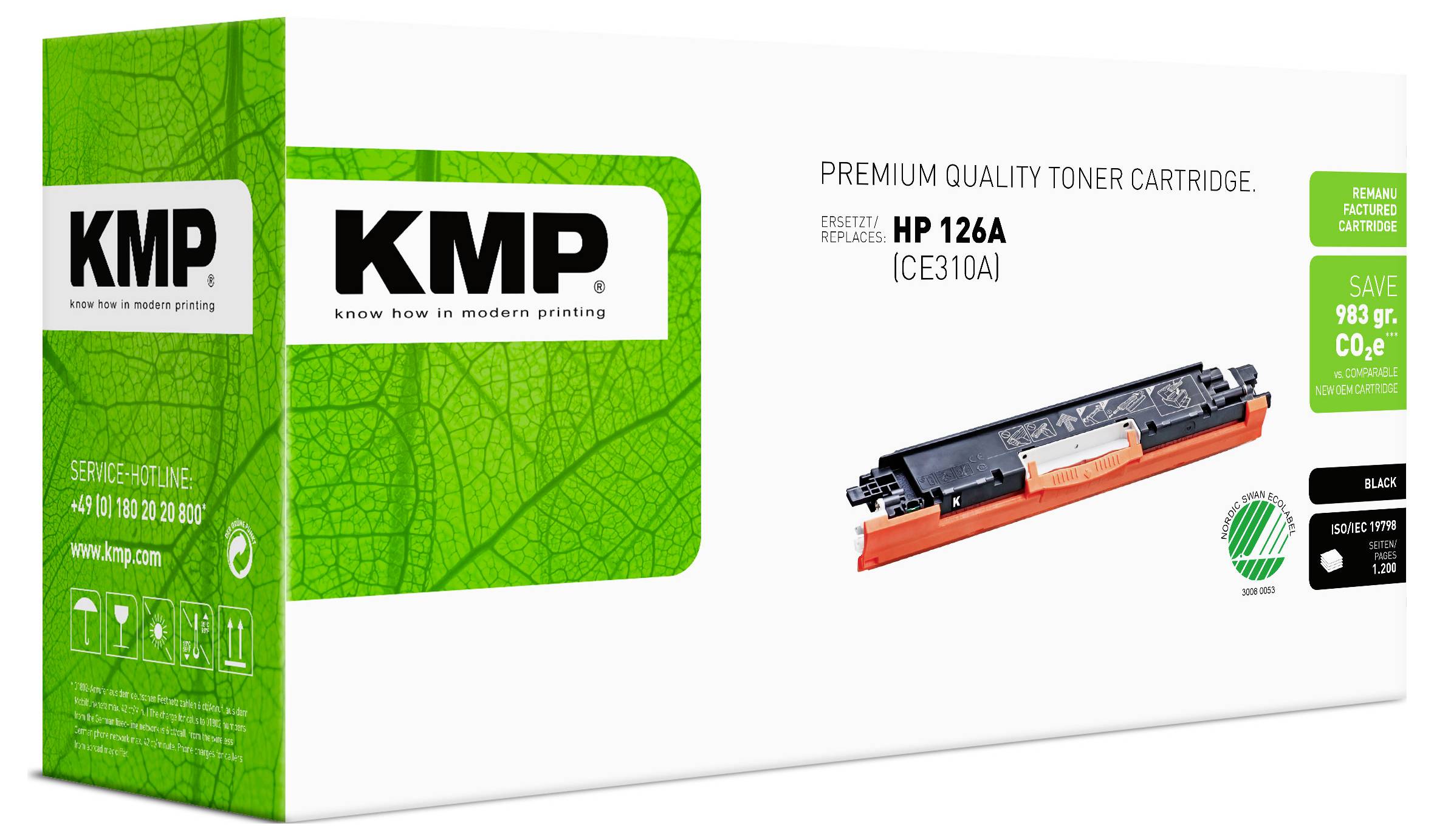 KMP Premium-Qualität Tonerkassette Verpackung für HP 126A (CE310A), gezeigt mit einem schwarzen Tonerkassetten-Bild und grüner Markierungsbox.