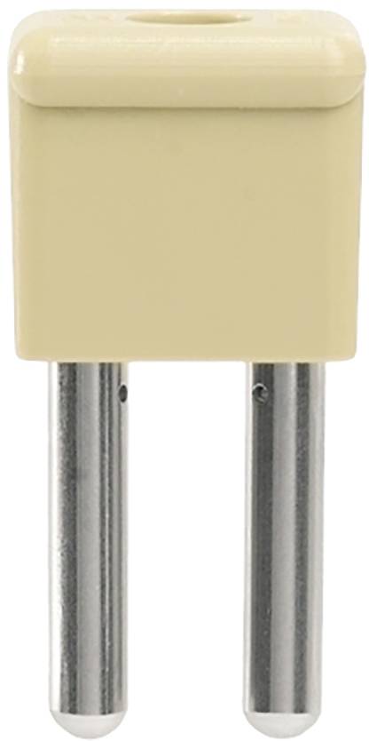 Ein beiger, zweipoliger europäischer Steckeradapter mit metallischen Stiften, der für Elektrogeräte verwendet wird.