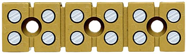 Ein braunes Verbindungselement mit drei runden Öffnungen und mehreren silbernen Schrauben sichtbar in symmetrischer Anordnung.