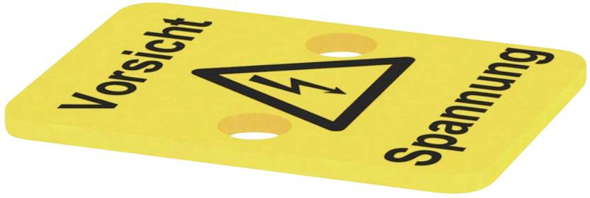 Gelbes Warnschild mit schwarzem Blitzsymbol. Text: 'Vorsicht Spannung'. Warnung vor elektrischer Spannung.