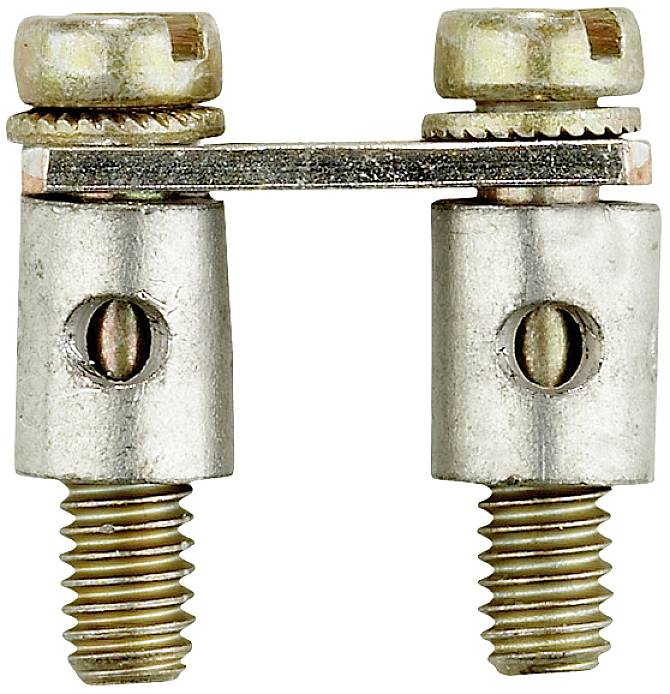 Zwei silberne Schrauben mit zahnradähnlichen Köpfen sind parallel zueinander durch eine flache Metallverbindung verbunden.