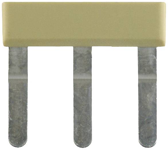 Ein rechteckiger, beiger elektronischer Bauteil mit vier metallischen Pins darunter, vermutlich ein Widerstand oder Kondensator.