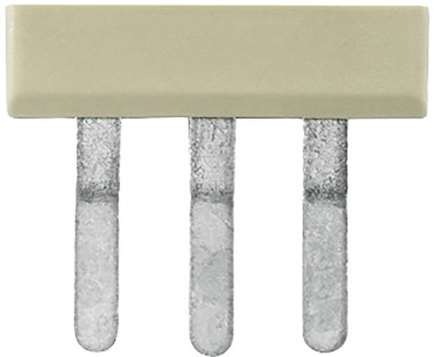 Ein dreibeiniger Elektrokontaktstecker mit rechteckigem, beige-farbenem Körper. Geeignet für elektronische Verbindungen.