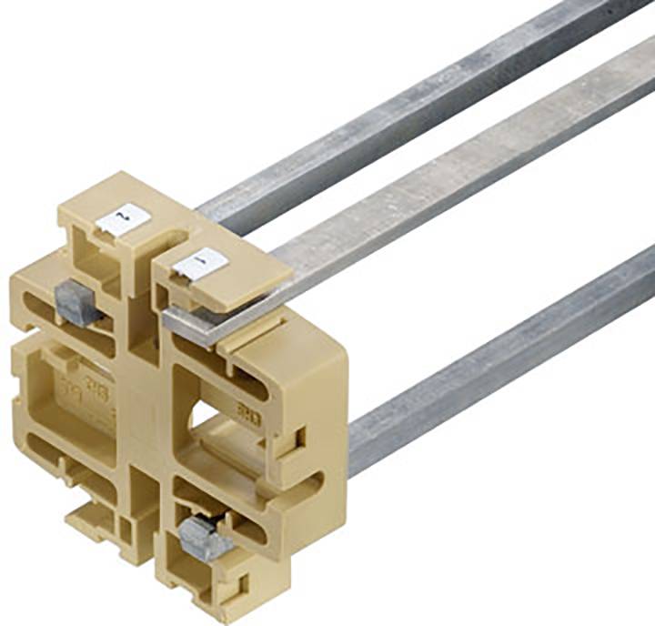 Ein gelbes Isolatorelement mit Metallstangen zur Sicherung elektrischer Verbindungen. Hauptkomponente in einem elektrischen Schaltkreis.
