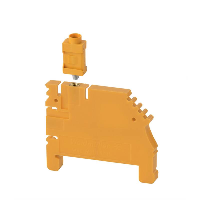 Oranger, modularer Steckverbinder mit abnehmbarem Teil auf einer weißen Fläche. Verwendet für elektrische Verbindungen.
