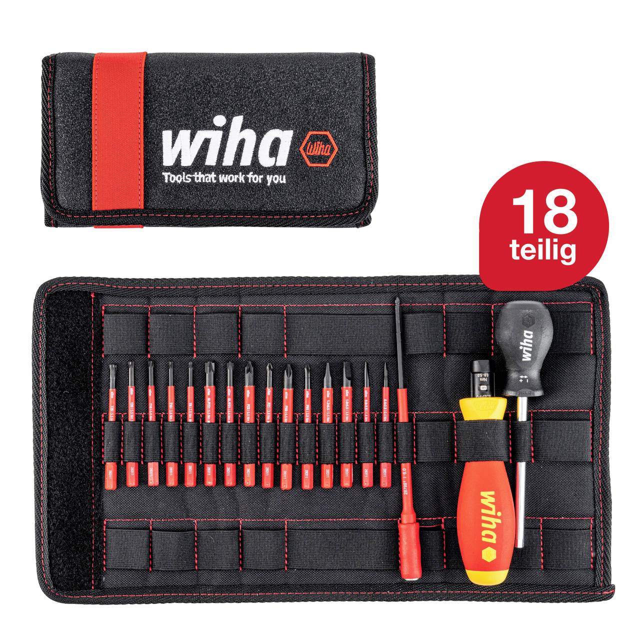 Eine offene, schwarze Werkzeugtasche zeigt einen 18-teiligen Wiha Schraubendreher- und Bit-Set, inklusive eines gelb-roten Griffes.