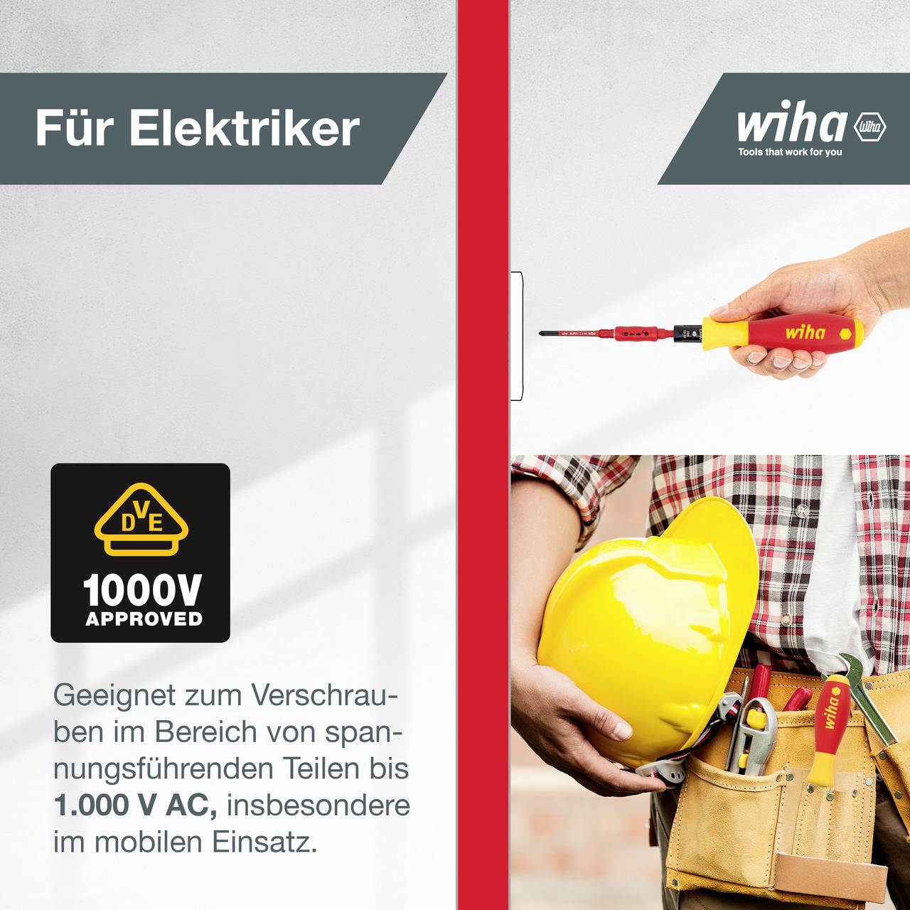 Werbung für Wiha: Isolierter Schraubendreher; geeignet für Arbeiten an spannungsführenden Teilen bis 1.000 V AC. Im Bild: Handwerker mit gelbem Helm und Werkzeugtasche.