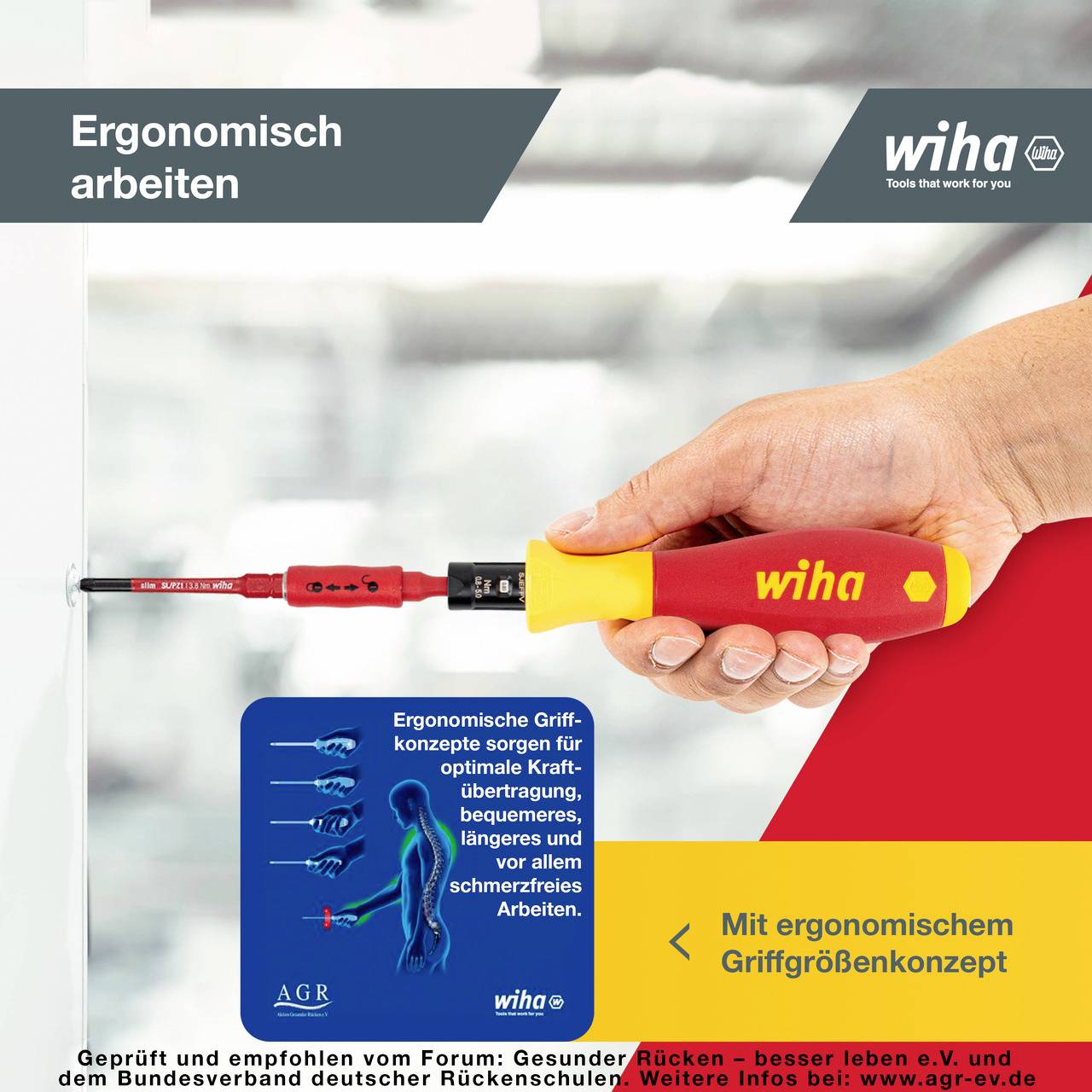 Ein Schraubendreher wird benutzt, um eine Schraube anzuziehen. Text: 'Ergonomisch arbeiten', 'Mit ergonomischem Griffgrößenkonzept'.