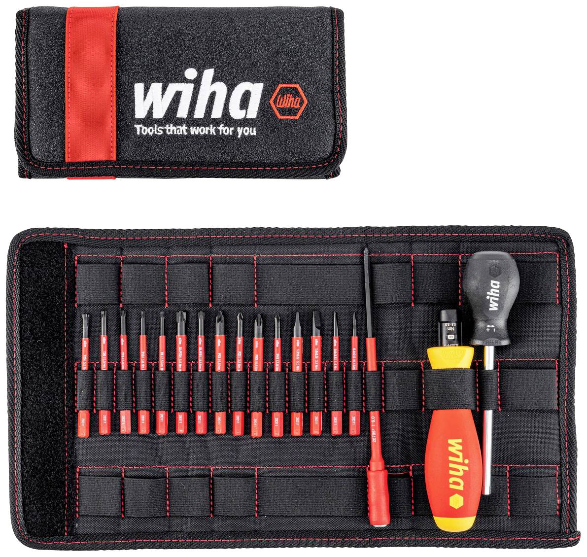 Werkzeugset von Wiha in einer aufklappbaren Tasche; enthält verschiedene Schraubendreheraufsätze, Griff und Verlängerung.