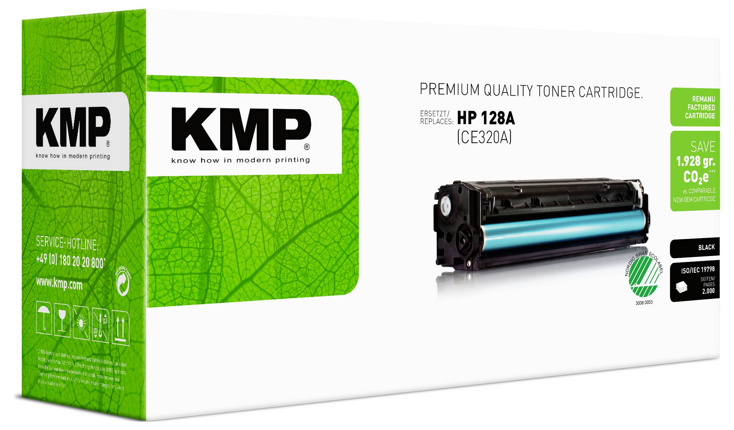 KMP Premium-Qualität Tonerpatrone Verpackung für HP 128A (CE320A), mit einer schwarzen Tonerpatrone, cyan Trommel und grüner recycelter Verpackung.