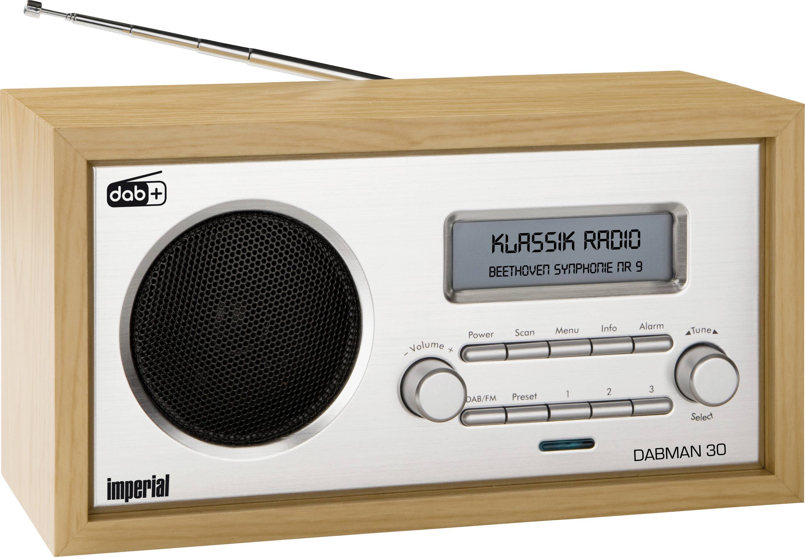 Ein Retro-Radio in Holzoptik mit digitalem Display zeigt 'Klassik Radio: Beethoven Symphonie Nr. 9'. Links Lautsprecher, rechte Tastenleiste.