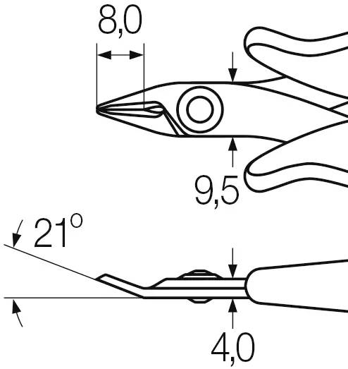 Technische Zeichnung einer Schere mit Abmessungen: Länge 9,5 cm, Schneidenwinkel 21 Grad, Schnittbreite 8,0 cm, Griffdicke 4,0 cm.