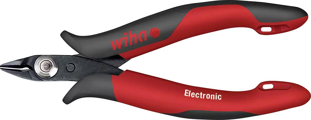 Rote und schwarze Seitenschneiderzange mit der Aufschrift 'Wiha Electronic', geeignet für präzise Schnittarbeiten in der Elektronik.