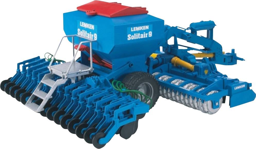 Eine blaue landwirtschaftliche Sämaschine von Lemken, Modell Solitair 9, mit mehreren Rädern und Behältern für Saatgut auf einem Feld.