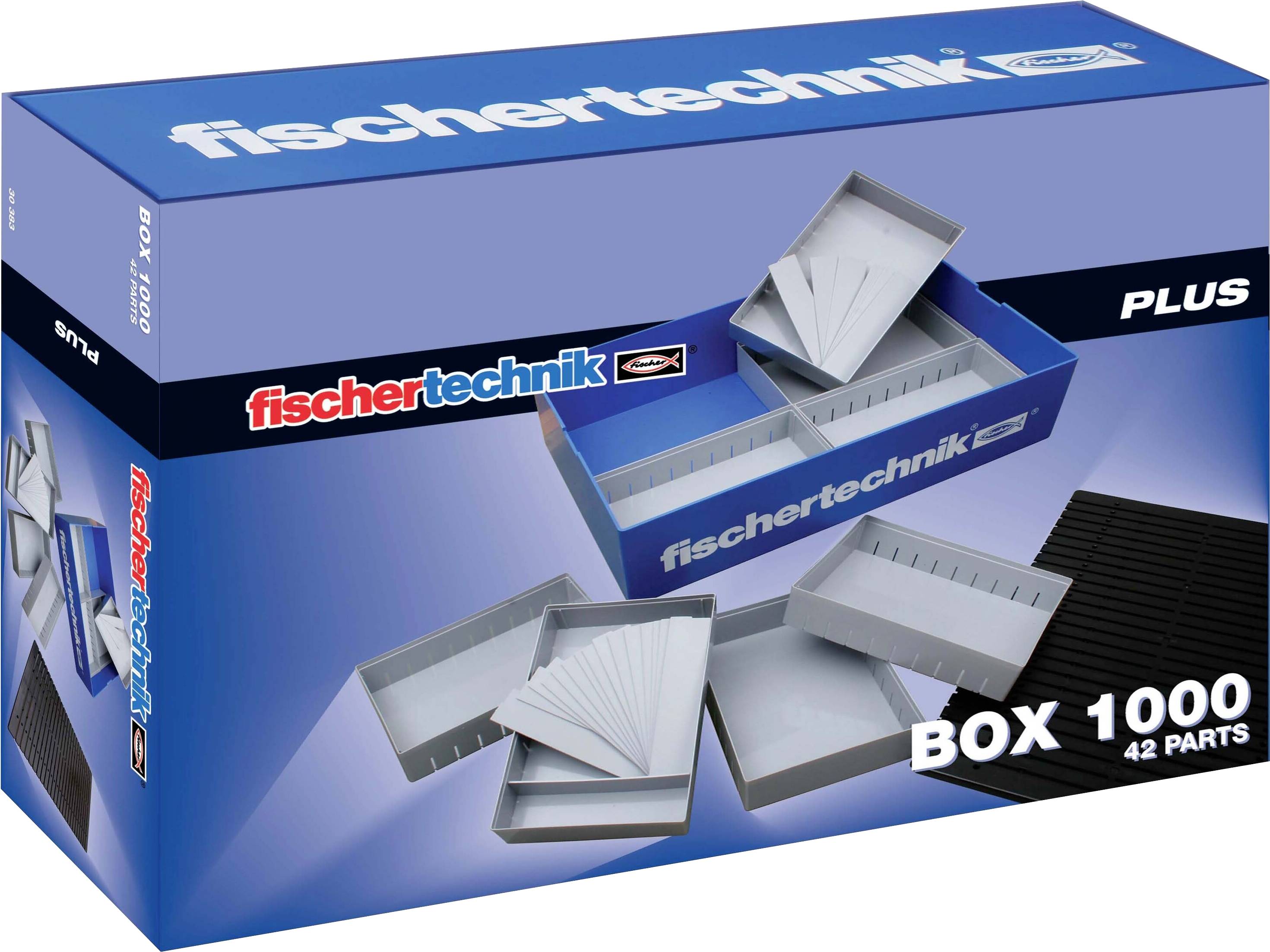 Blaue Verpackung von Fischertechnik Plus Box 1000 mit 42 Teilen, zeigt verschiedene geöffnete Lagerboxen und das Fischertechnik-Logo.