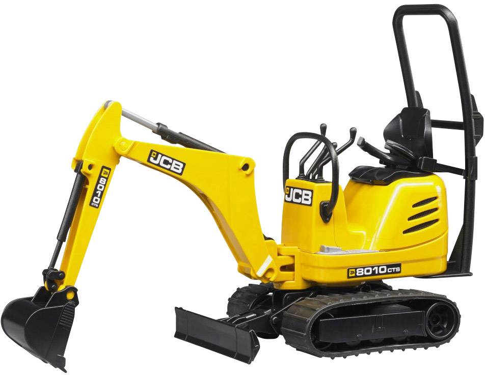 Ein gelber Mini-Bagger mit der Aufschrift 'JCB', geeignet für kleine Bauarbeiten. Er hat ein Raupenfahrwerk und eine Schaufel.
