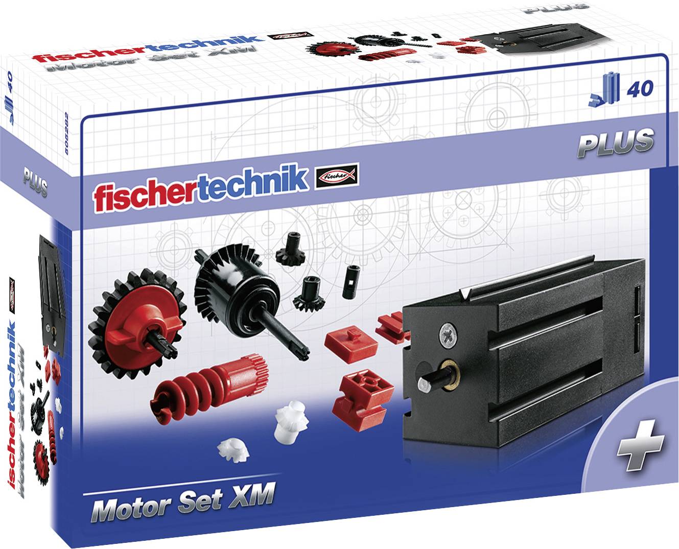 'PLUS' Motor Set XM von Fischertechnik. Verpackung zeigt abgebildete Teile wie Zahnräder, Rotor und Gehäuse in Schwarz und Rot.
