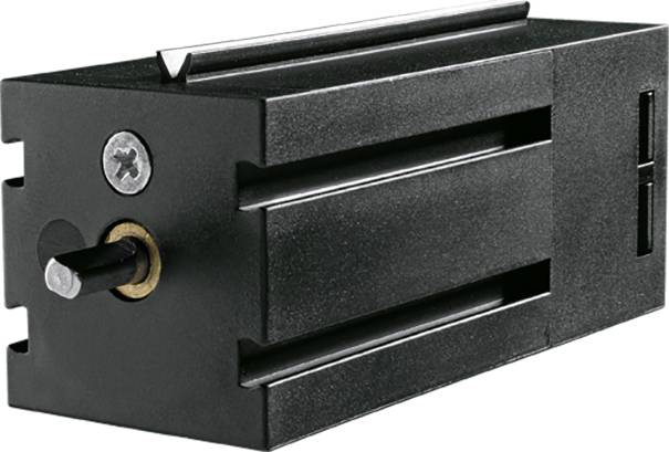 Schwarze rechteckige elektronische Komponente mit einem hervorstehenden Metallstift an der einen Seite und einer eingelassenen Schraube.