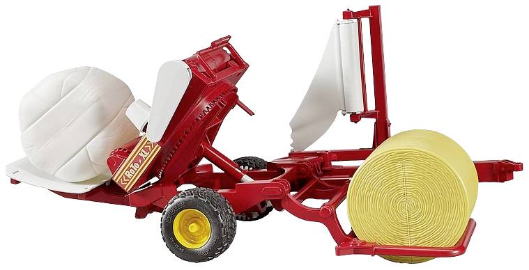 Ein roter Ballenwickler mit zwei großen, unterschiedlich gefärbten Rollen, einer weißen und einer gelben, auf einem weißen Hintergrund.