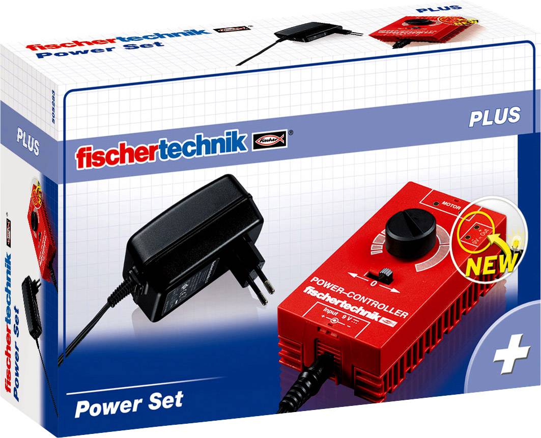 Verpackung eines 'fischertechnik Power Set' mit Netzteil und Power-Controller, geeignet für den Betrieb von Bauprojekten.