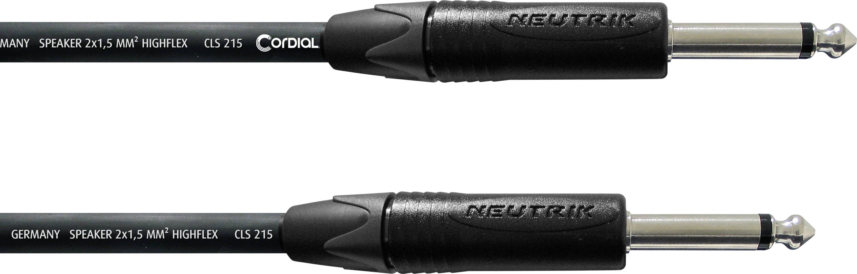 Zwei schwarze Lautsprecherkabel mit Viertelzoll-Steckern, horizontal dargestellt, mit der Bezeichnung Cordial CLS 215 highflex.