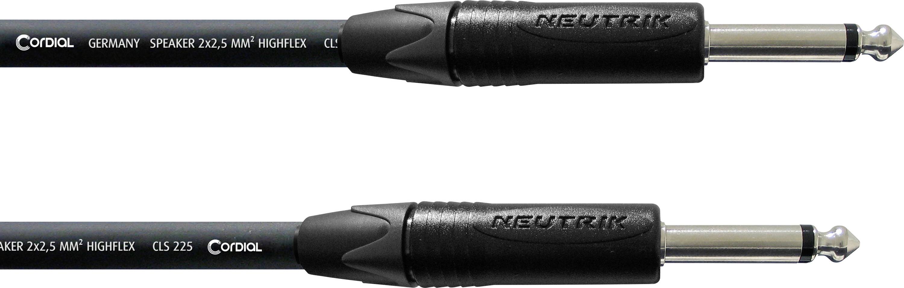 Zwei schwarze Neutrik-Audiokabel mit Metall-Klinkensteckern zu 1/4 Zoll, horizontal auf weißem Hintergrund dargestellt; das obere Kabel ist mit Cordial Highflex gekennzeichnet.