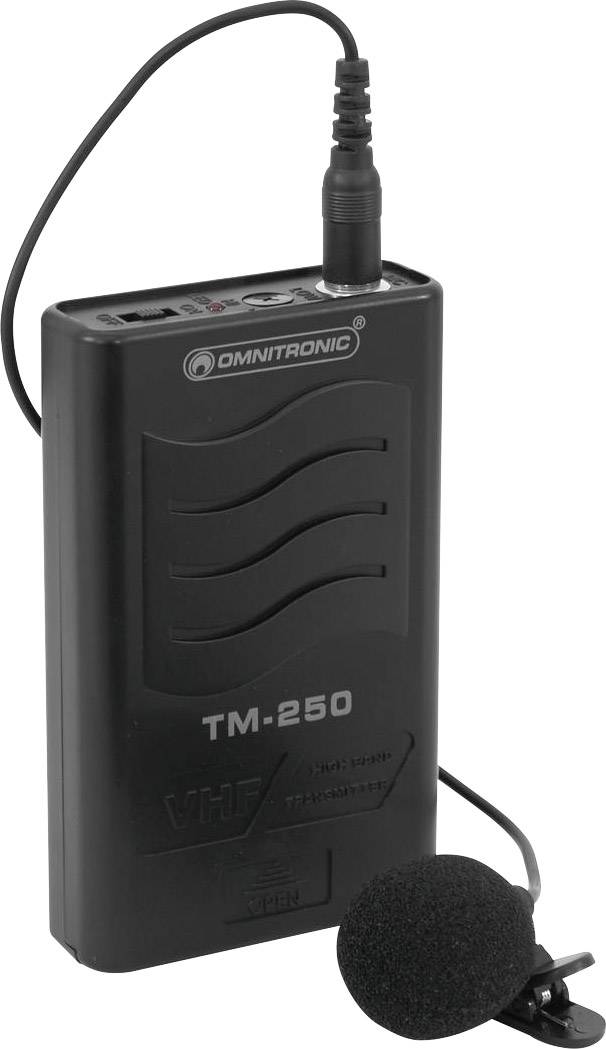 Schwarzes tragbares Funkmikrofon-System Omnitronic TM-250 mit Clip-Mikrofon; ideal für drahtlose Sprachübertragungen.