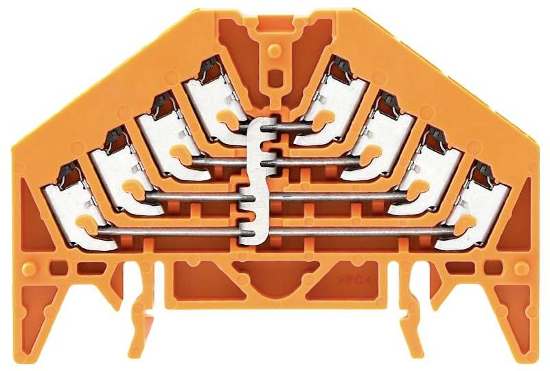 Ein orangefarbener Kunststoff-Terminalblock mit metallischen Anschlüssen, die in zwei parallelen Reihen angeordnet sind. Der Block ist für elektrische Kabelverbindungen konzipiert.