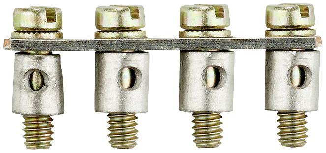 Vier silberne Metallschrauben mit jeweils einer goldenen Gewindemutter sind horizontal nebeneinander angeordnet.
