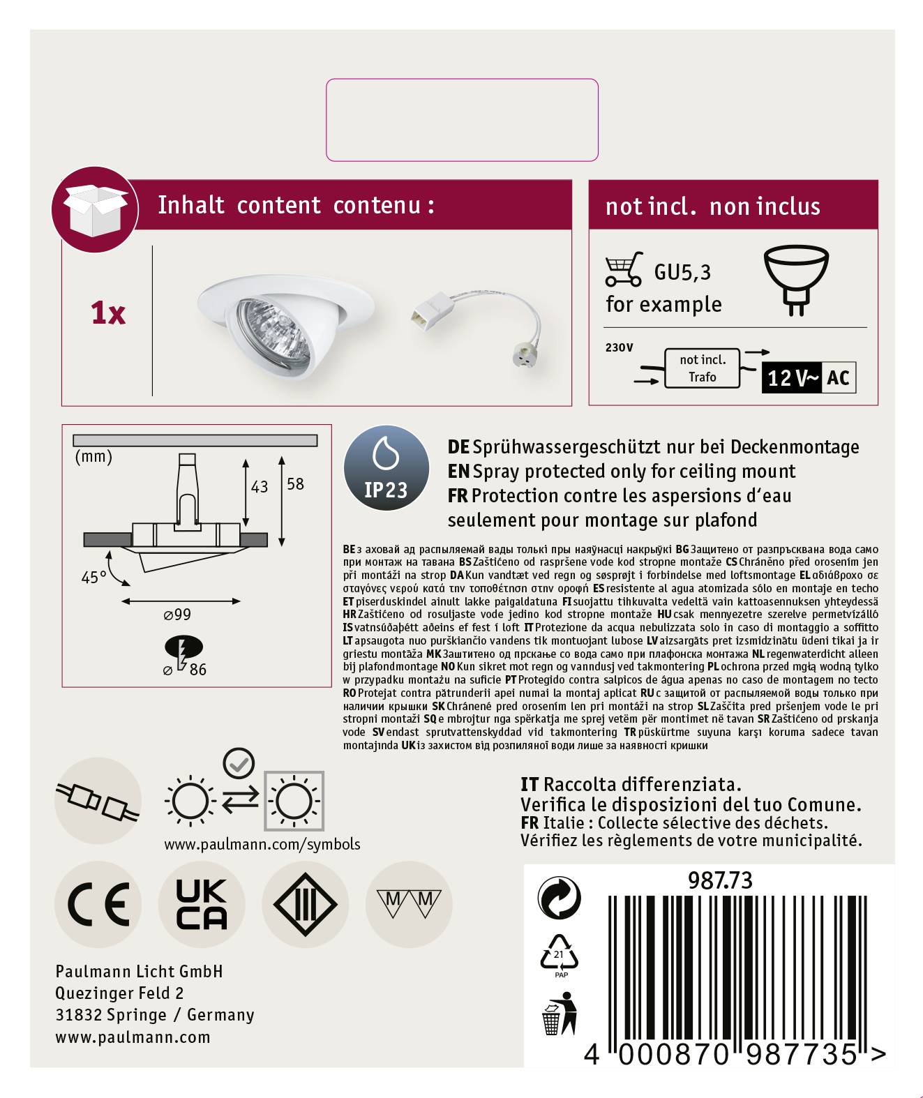 Paulmann 98773 Premium Line Einbauring Halogen GU5.3 50W Weiß