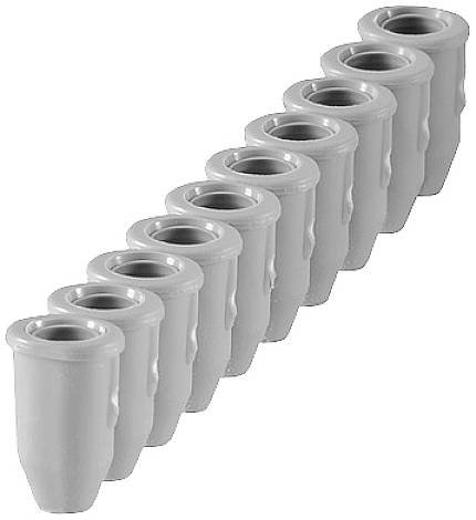 Eine Reihe von zehn identischen grauen Objekten in zylindrischer Form, die gleichmäßig angeordnet sind.