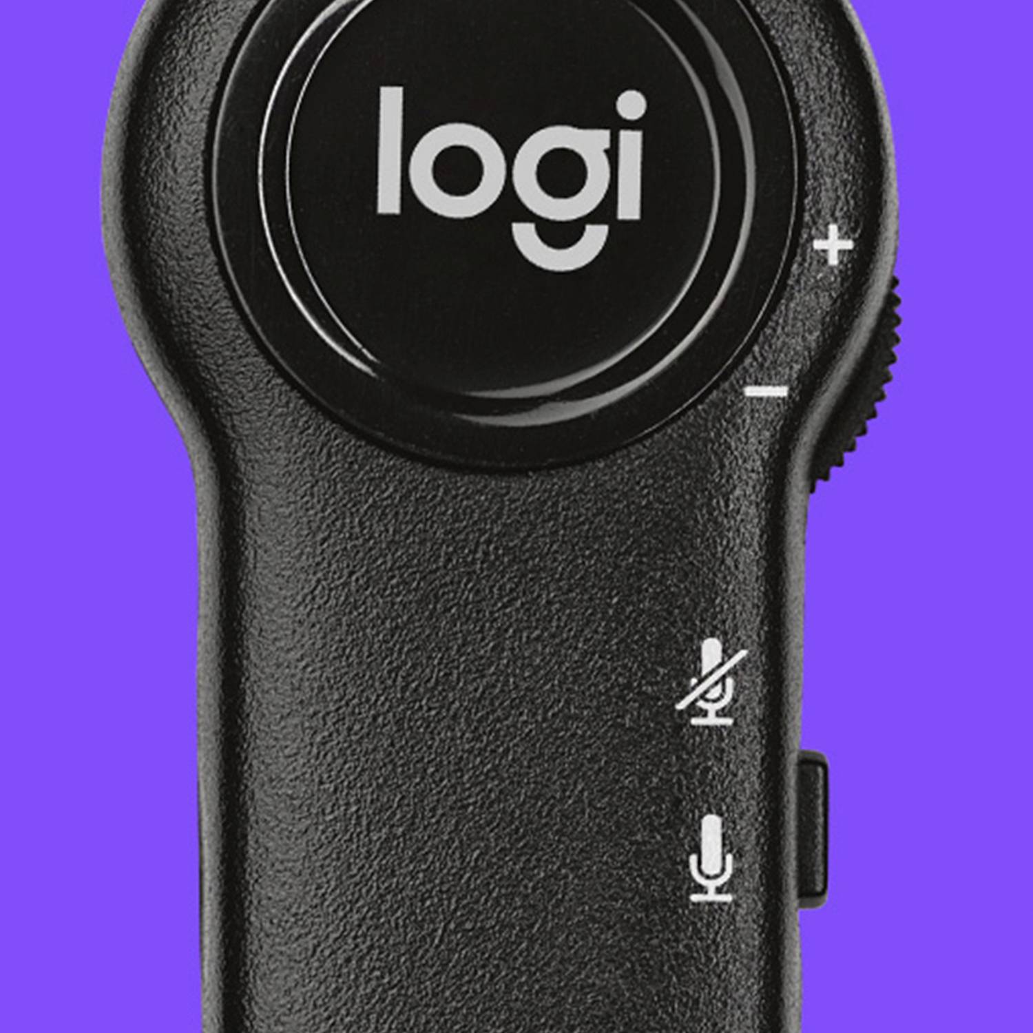 Ein schwarzer Audio-Controller mit dem Logo 'logi'. Auf der Seite befinden sich Plus- und Minus-Symbole sowie Mikrofon-Icons.