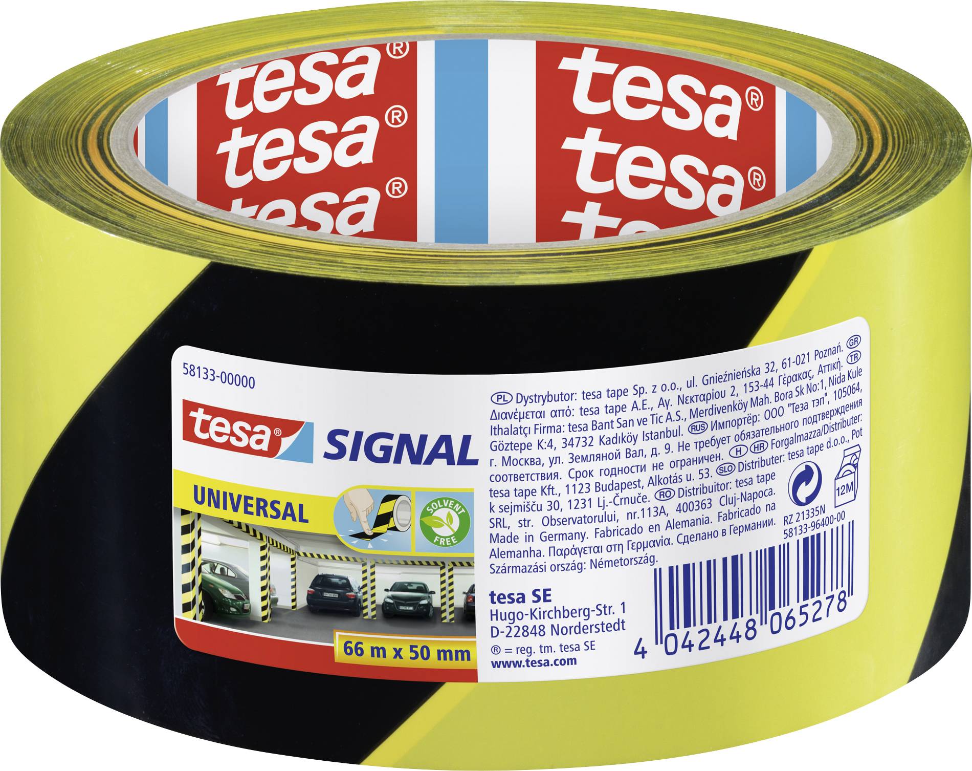 Eine Rolle gelb-schwarzes Warnband der Marke 'tesa SIGNAL Universal', 66 m x 50 mm, mit Autosymbolen auf der Verpackung.