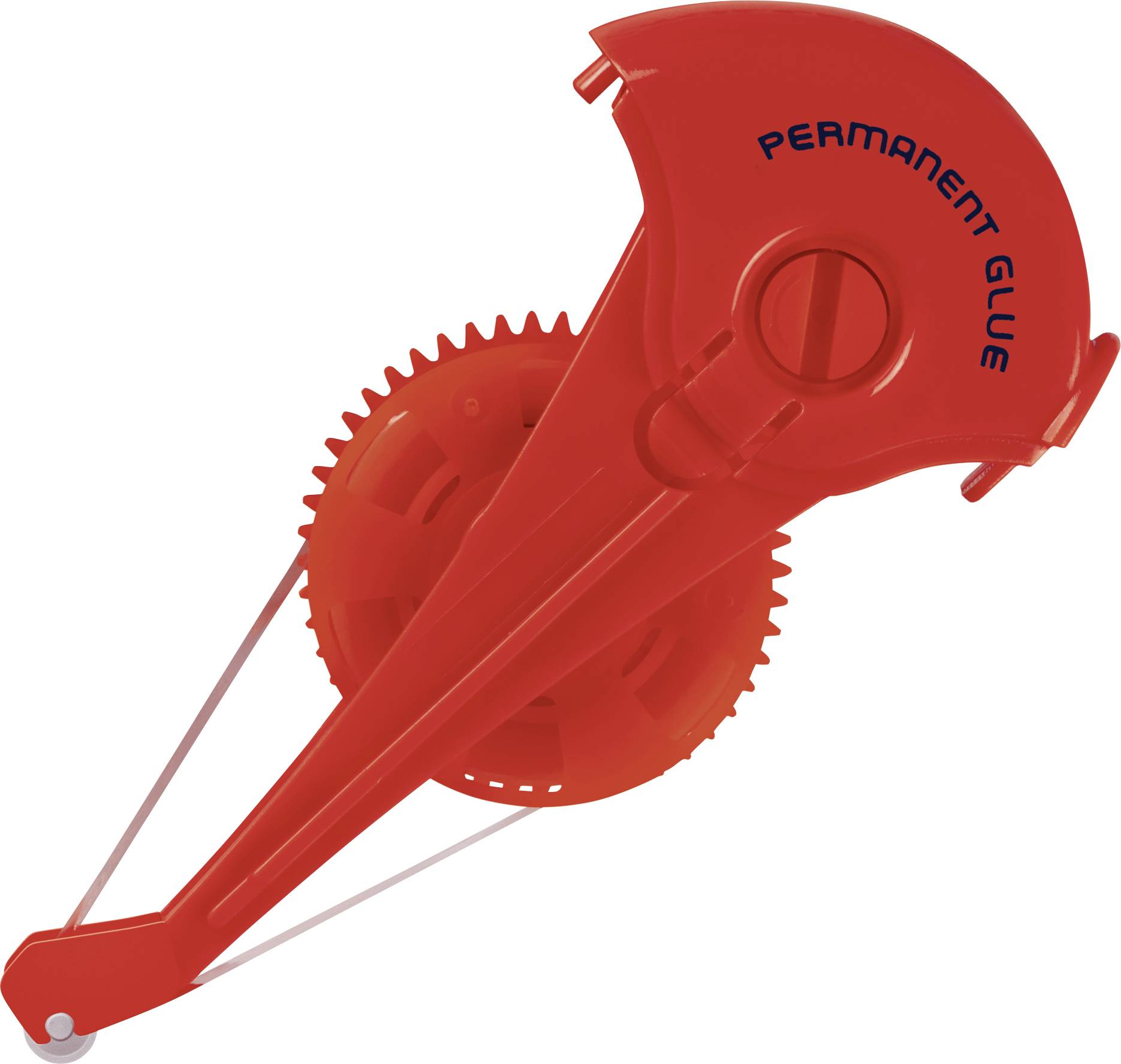 Rote permanente Kleberolle mit transparentem Gehäuse und Zahnrädchen, markiert mit 'PERMANENT GLUE'.