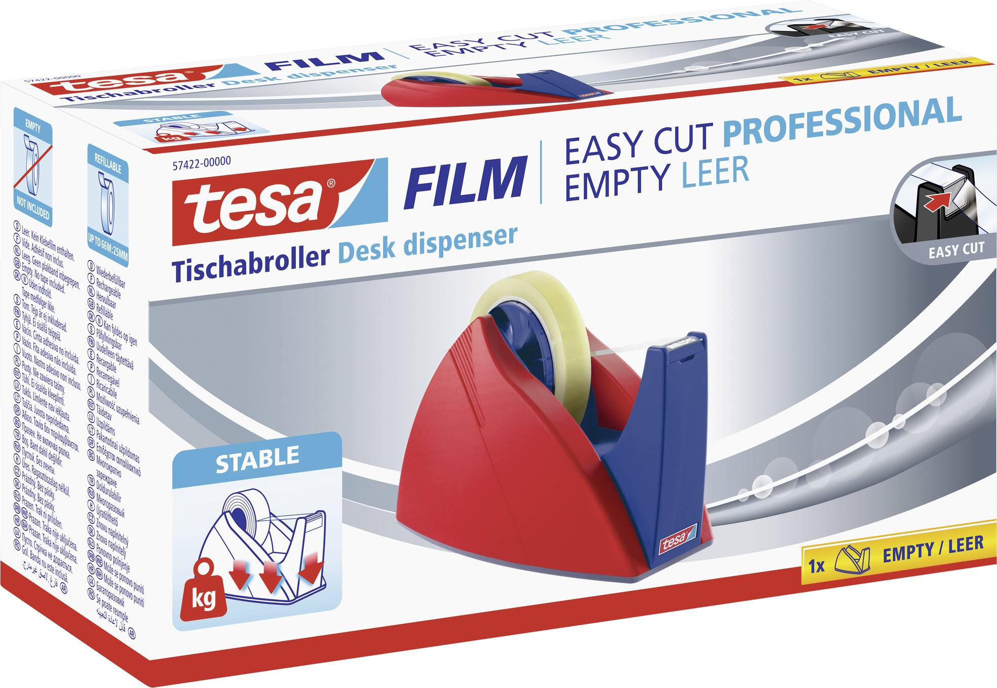 Der Karton zeigt einen Tesa Tischabroller, stabil und leer, in Rot und Blau. Geeignet für Bürogebrauch. 'Easy Cut Professional' ist betont.