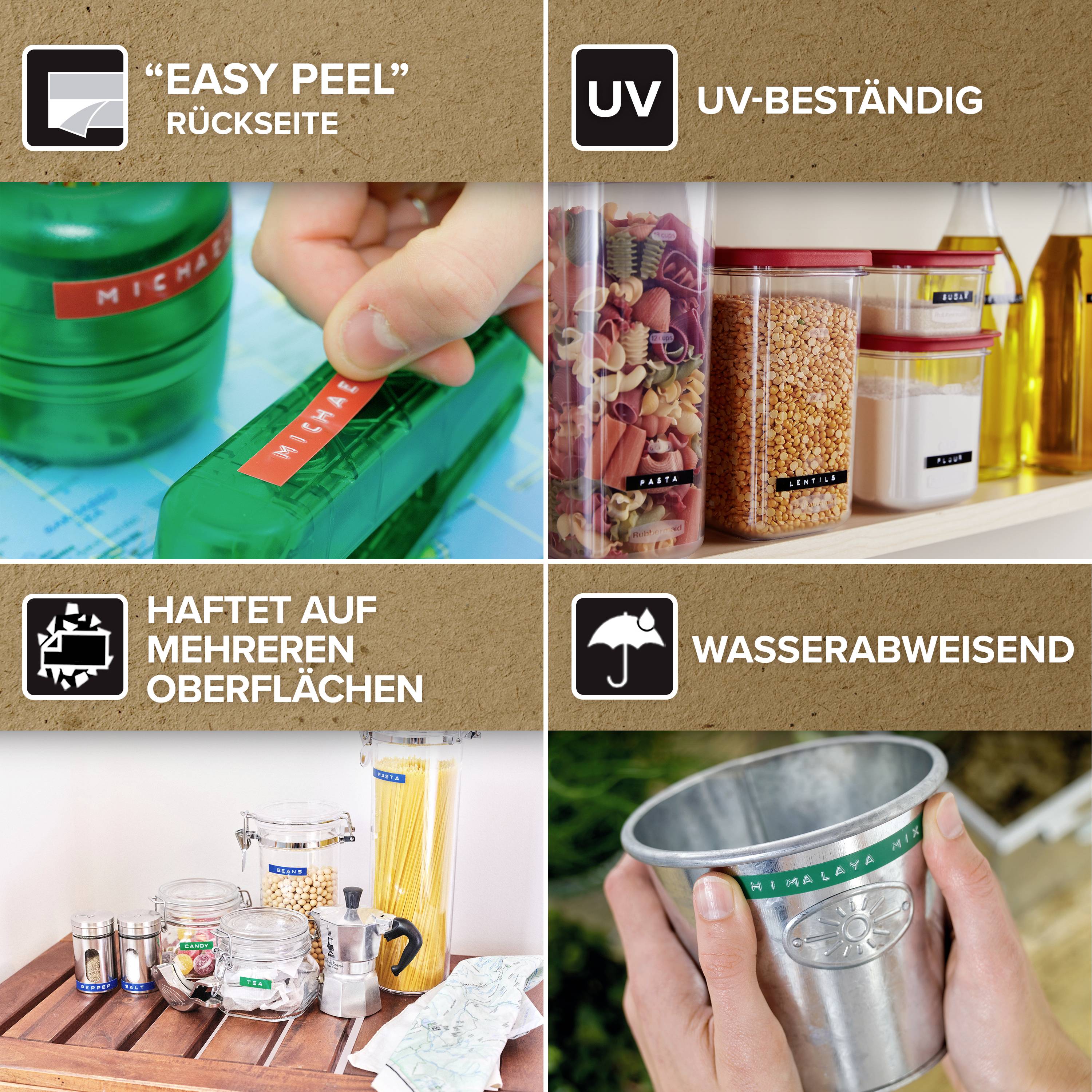 Vier Bilder mit Beschriftungen: 'Easy Peel' zeigt das leicht abziehbare Etikett, 'UV-beständig', 'Haftet auf mehreren Oberflächen', 'Wasserabweisend'.