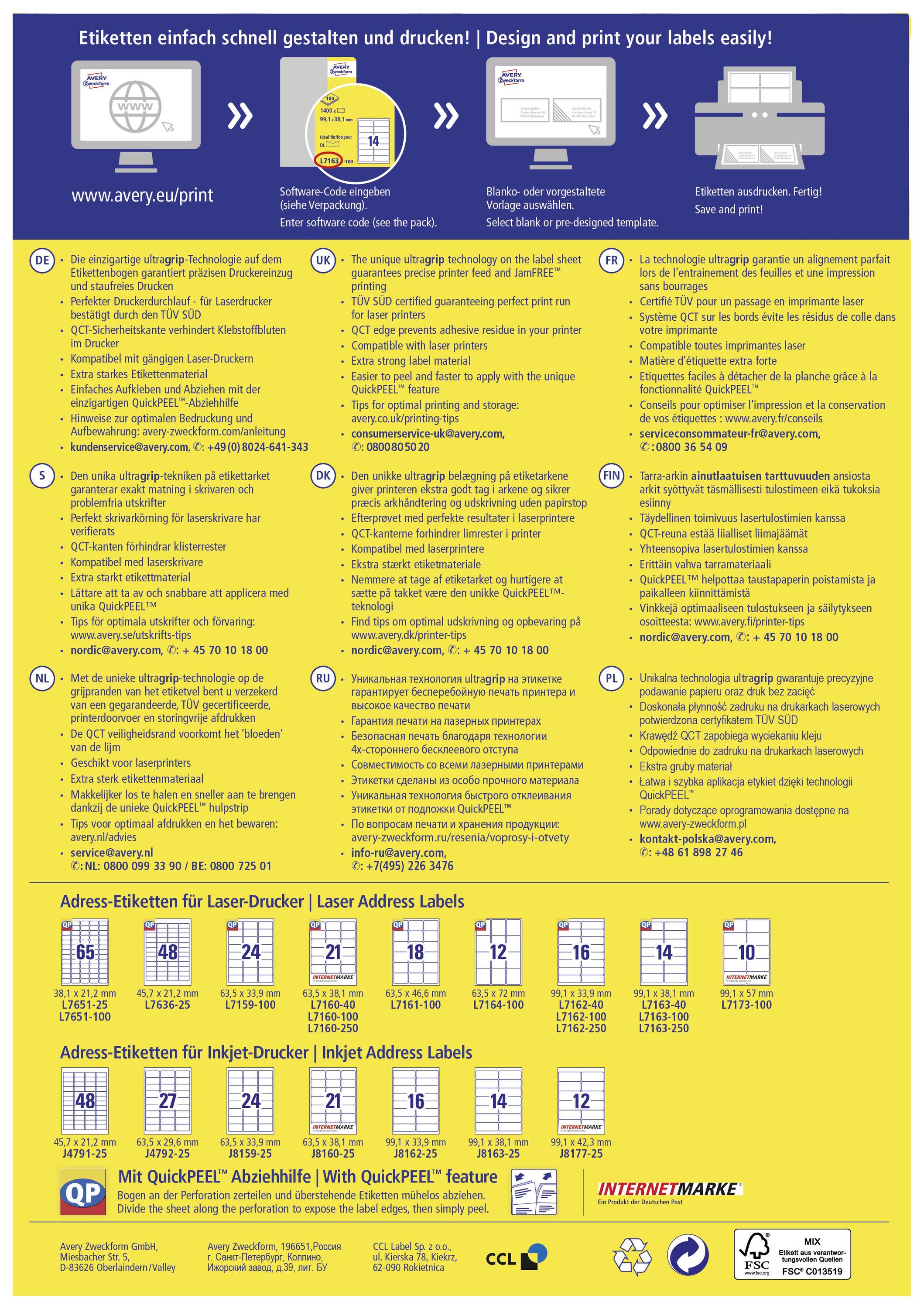 Avery-Zweckform L7163-100 Adress-Etiketten 99.1 x 38.1 mm Papier Weiß 1400 St. Permanent haftend Tintenstrahldrucker, Laserdrucker