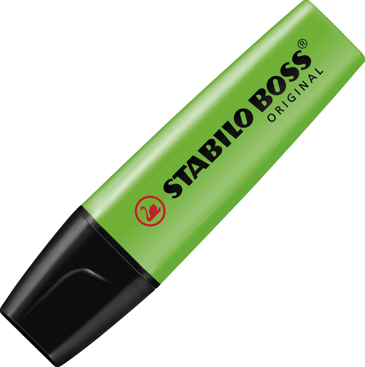 Grüner Textmarker mit schwarzer Kappe, Marke 'STABILO BOSS Original', abgebildet liegend von oben. Textmarker ist hauptsächlich grün und markant.