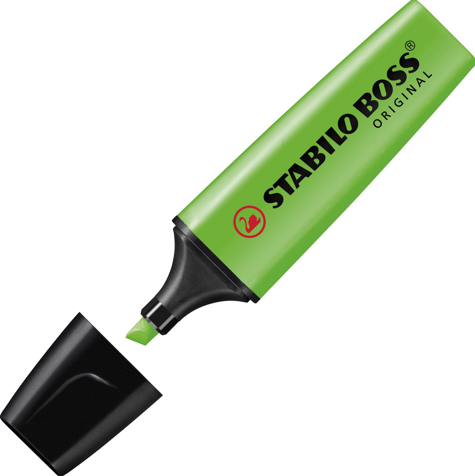 Ein grüner Textmarker mit der Aufschrift 'Stabilo Boss Original'. Die Kappe liegt daneben.