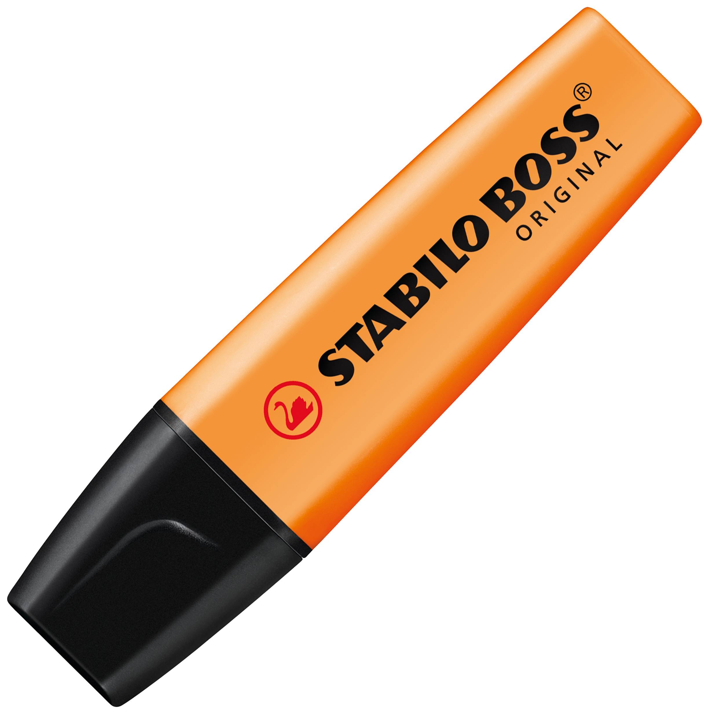 Ein orangefarbener Stabilo Boss Original Textmarker mit schwarzer Kappe, in einer diagonalen Ansicht dargestellt.