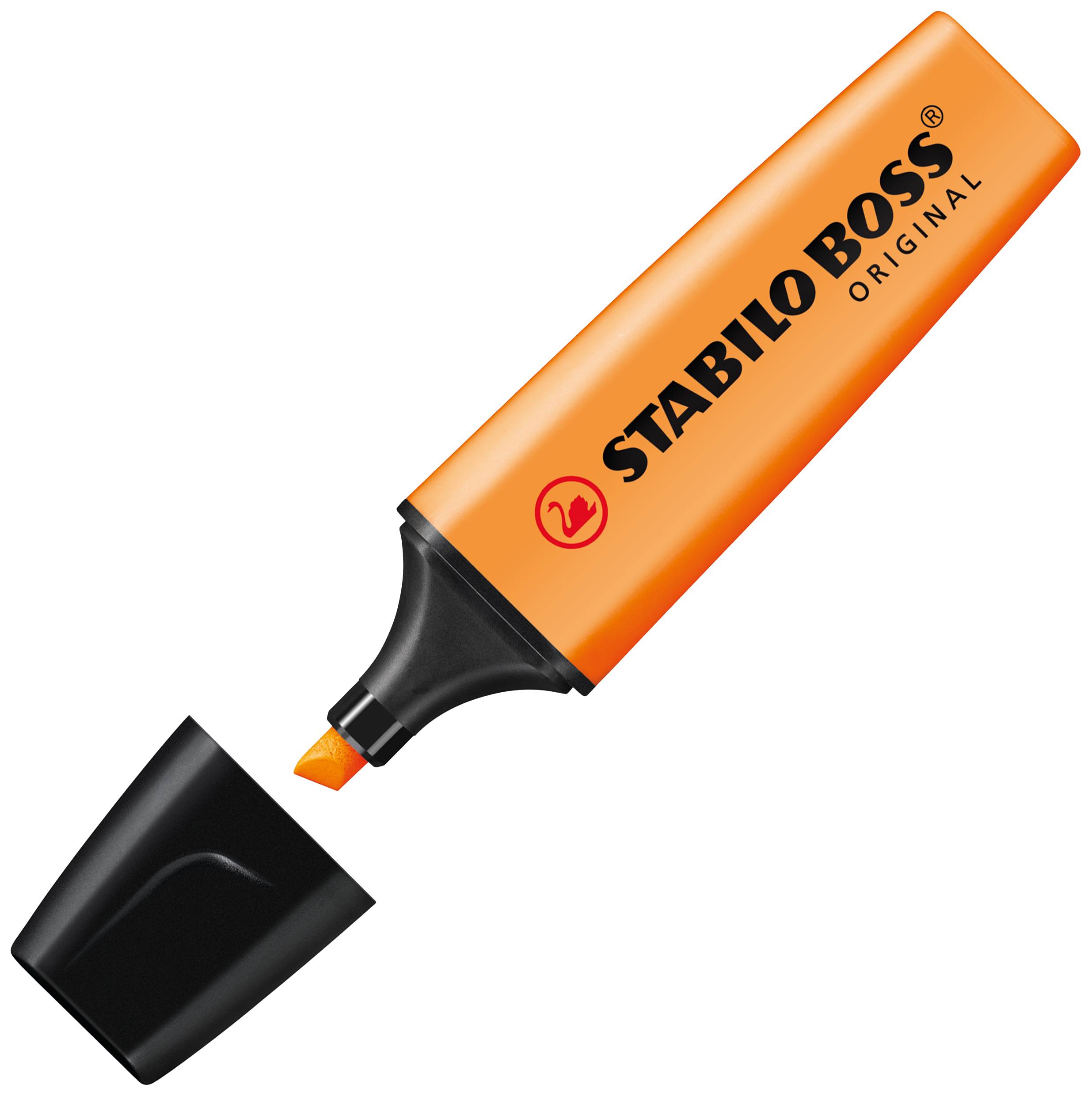 Ein orangefarbener Textmarker mit der Aufschrift 'Stabilo Boss Original', Kappe abgenommen, Spitze zeigt nach oben rechts.