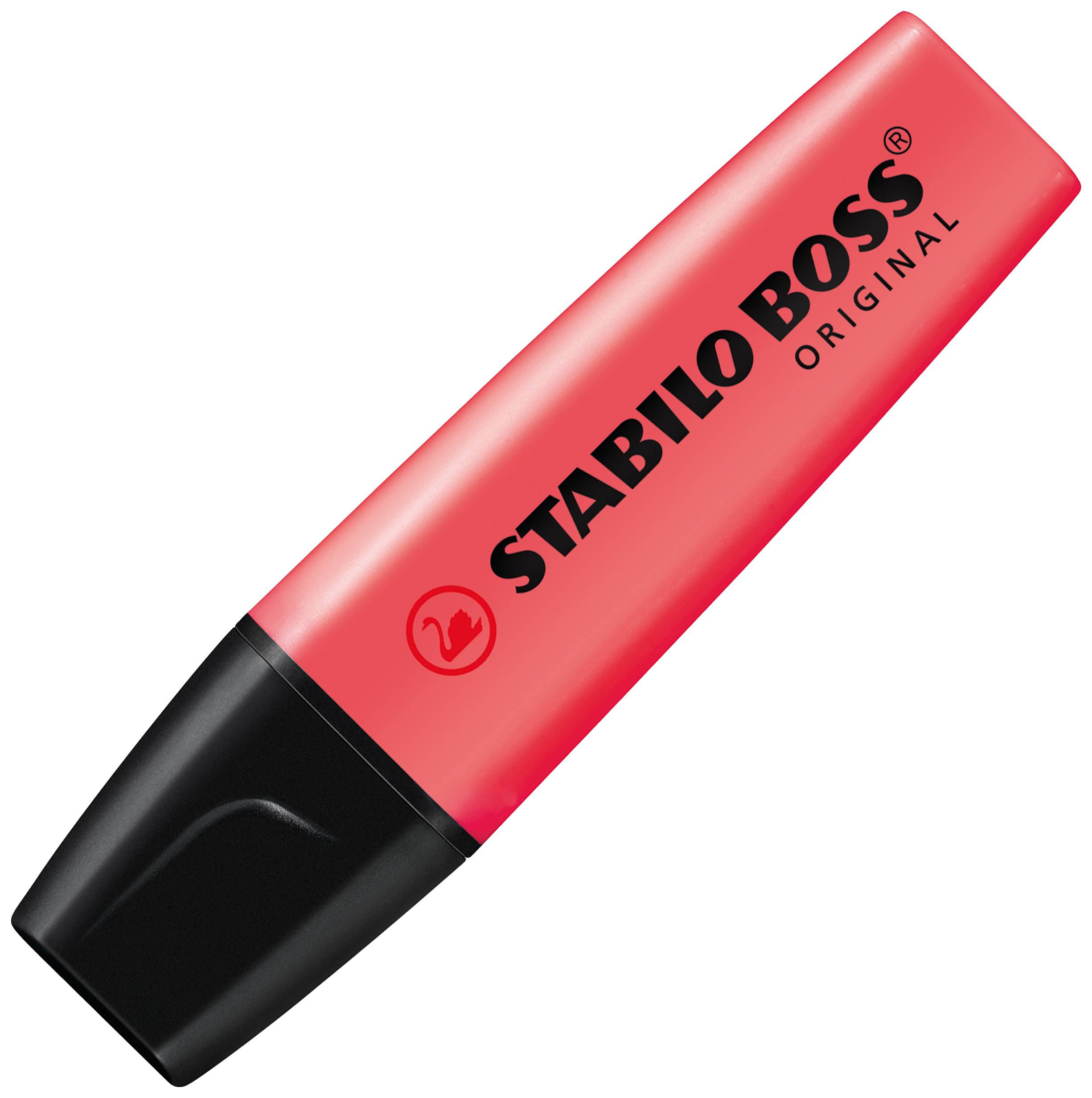 Roter Textmarker der Marke Stabilo Boss Original, mit schwarzer Kappe.