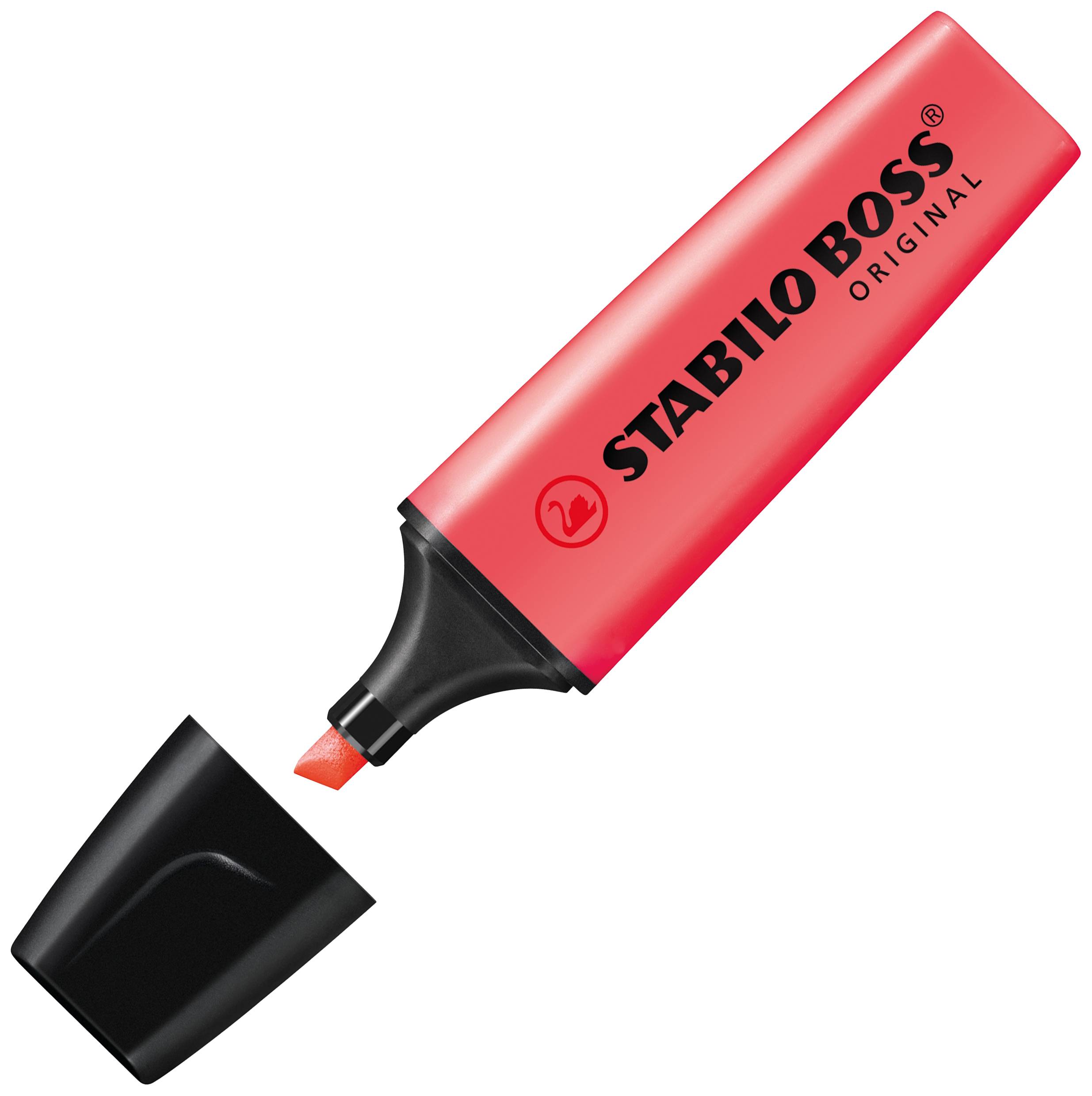 Ein roter Textmarker mit abgenommenem Deckel, der die Spitze zeigt. Auf dem Marker steht 'Stabilo Boss Original'.
