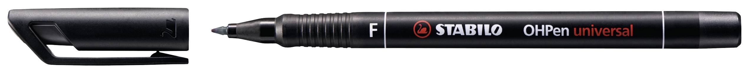 Schwarzer Filzstift mit Aufschrift 'STABILO OHPen universal F'. Kappe abgenommen, Spitze sichtbar, für glatte Oberflächen geeignet.