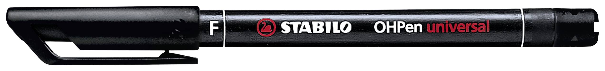 Schwarzer Stabilo OHPen Universal Permanentmarker mit rotem und weißem Logo auf dem Stiftkörper, gut geeignet für Overhead-Folien.