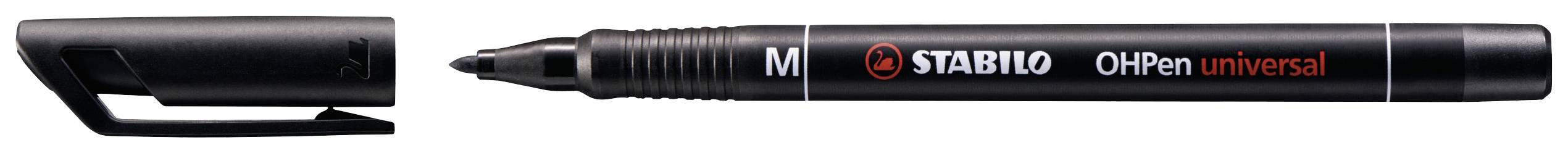 Ein schwarzer Permanentmarker von STABILO mit roter Schrift 'OH Pen universal'. Die Kappe liegt links neben dem geöffneten Stift.