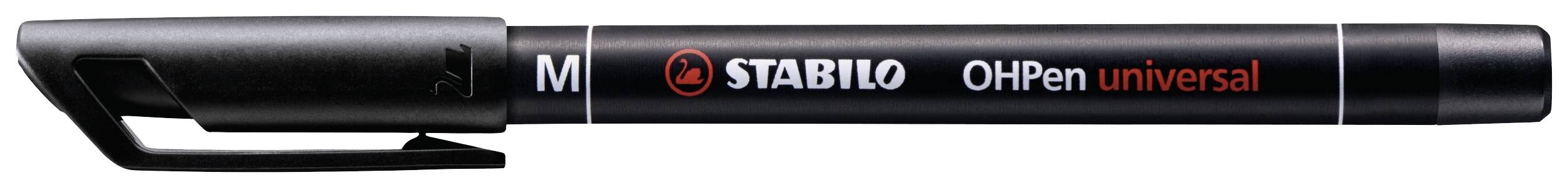 Schwarzer STABILO Kugelschreiber, Modell 'Oh Pen universal', mit abnehmbarem schwarzen Deckel, geeignet für universelle Anwendungen.